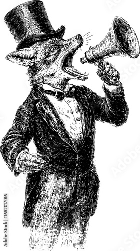 Fox in formal clothing with a tophat and megaphone in vintage black and white style. Victorian animal character vector illustration.