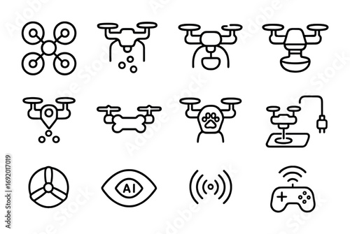 Pet Drone Icon Set. Outline icon set of Pet drones: quadcopter toy, treat dropping drone, camera drone, hover