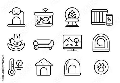 Futuristic Pet Homes. Outline icon set of Futuristic pet homes: AI kennel, smart aquarium, holographic