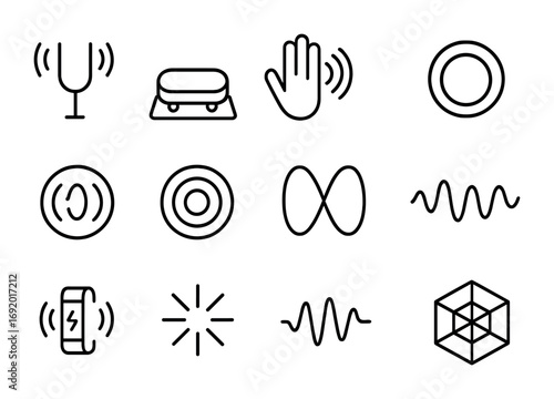 Vibrational Wellness Icons. Outline icon set of Vibrational wellness: tuning fork, vibration platform, hand
