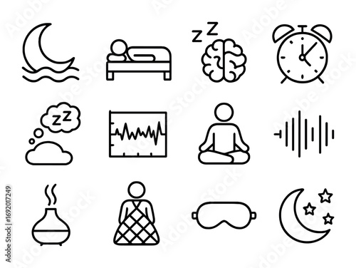 Quantum Sleep Icons. Outline icon set of Quantum sleep: moon with waves, sleeping figure, brain rest icon,