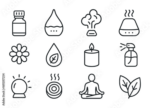 Aromatherapy Tech Icons. Outline icon set of Aromatherapy tech: essential oil bottle, diffuser, vapor cloud,