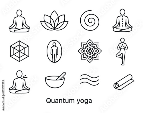 Quantum Yoga Icons. Outline icon set of Quantum yoga: yoga posture, lotus flower, energy spiral, chakra