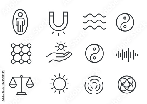 Energy Balance Icons. Outline icon set of Energy field balance: aura ring, magnet poles, energy waves, quantum