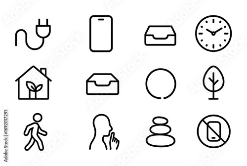 Conscious Tech Icon Set. Outline icon set of Conscious tech minimalism: unplugged cord, minimal phone, empty