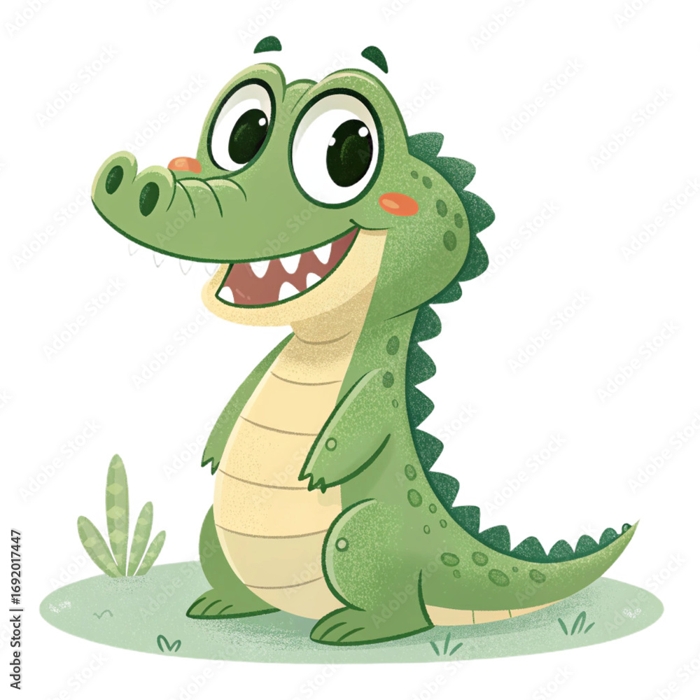 Fototapeta premium Cute cartoon crocodile with smiling face on transparent background for kids illustrations, educational posters, zoo branding and fun stickers