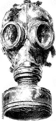 Gasmask respirator with filter in detailed monochrome engraving style. Vintage military protection equipment vector illustration.