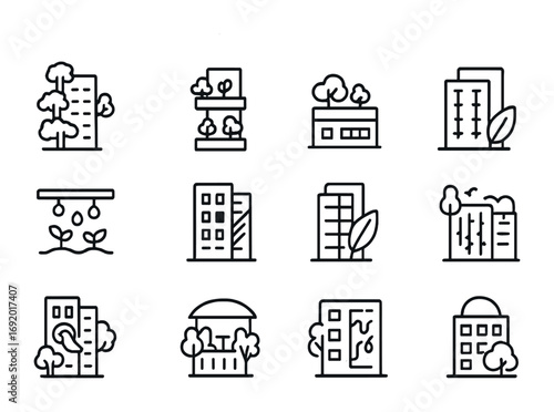 Vertical Forest Icon Set. Outline icon set of Vertical forests: skyscraper with trees, balcony planters,