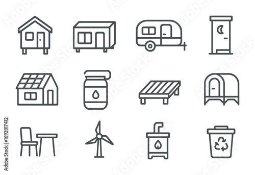 Sustainable Housing Icons. Outline icon set of Low-impact housing: tiny house, modular cabin, eco trailer,