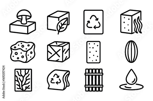 Bio-material Icon Set. Outline icon set of Bio-material innovation: mushroom brick, hempcrete block, recycled