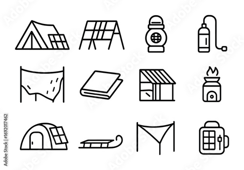 Nomadic Solar Shelter Icons. Outline icon set of Nomadic solar shelters: tent with panels, foldable frame,