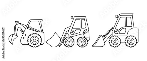 Construction equipment illustration showing three different types of machinery in a simple line art style