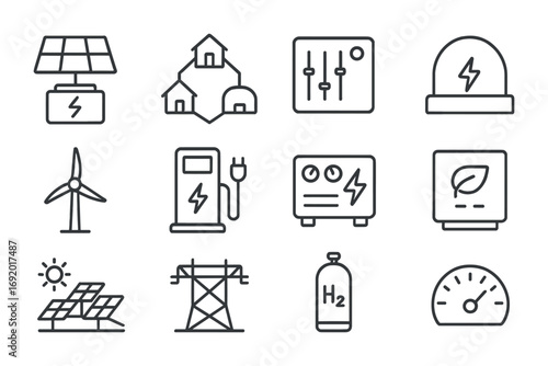 Energy Icons Grid. Outline icon set of Energy independence hubs: solar battery, microgrid icon, control panel,