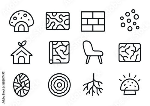 Mycelium Architecture Icons. Outline icon set of Mycelium architecture: mushroom dome, fungal block, lab-grown