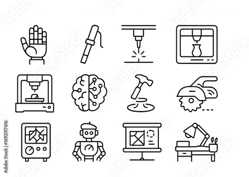 AI Crafting Tools Icons. Outline icon set of AI-generated craftsmanship: robotic hand, digital chisel, laser