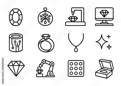 Generative Jewelry Icons. Outline icon set of Generative jewelry: gemstone icon, fractal pendant, robotic