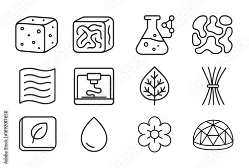 Biodesign Craft Icons. Outline icon set of Biodesign craft: mushroom block, mycelium brick, AI lab flask,