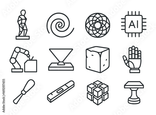 Tech Art Icons. Outline icon set of Code-driven sculpture: polygon statue, fractal spiral, generative sphere,