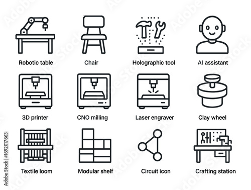Hybrid Craft Lab Icons. Outline icon set of Hybrid craft labs: robotic table, artisan chair, holographic