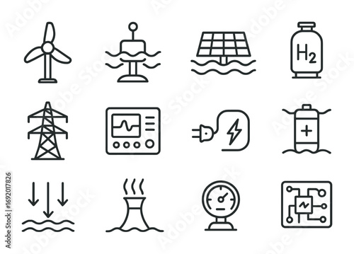 Marine Energy Icon Set. Outline icon set of Marine energy systems: tidal turbine, wave generator, floating