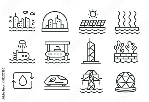 Ocean Eco-Cities Icons. Outline icon set of Ocean eco-cities: underwater skyline, dome habitat, floating solar