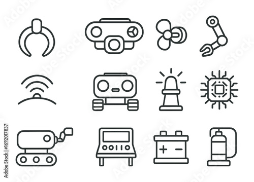 Deep-Sea Robotics Icons. Outline icon set of Deep-sea robotics: robotic claw, underwater drone, propeller