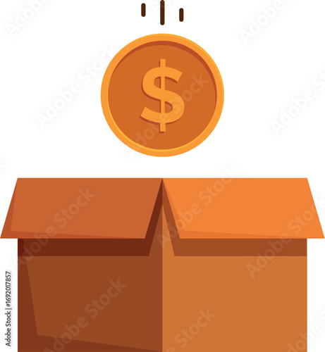 Golden coin with dollar sign falling into open cardboard box, donation and charity concept