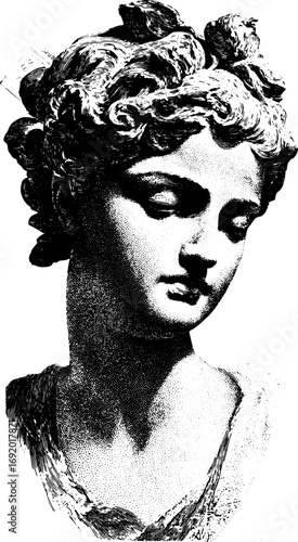Classical bust sculpture of a woman with detailed engraving. Black and white antique art vector illustration.