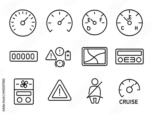 Car Dashboard Icons. Outline icon set of car dashboard: speedometer, tachometer, fuel gauge, temperature gauge