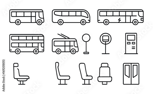 Bus Icon Collection. Outline icon set of buses: city bus, coach, minibus, electric bus, double-decker,