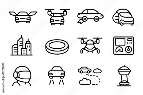 Futuristic Flying Car Icons. Outline icon set of flying cars: wings, propellers, jet engine, cockpit,