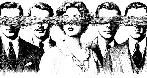 People in formal suits with eyes blindfolded by a textured line. Monochrome vintage vector illustration with a surreal concept.