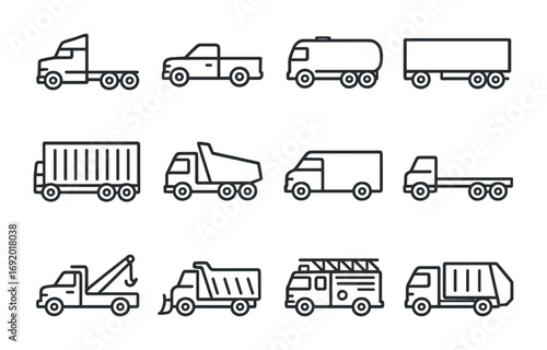 Truck Icon Set. Outline icon set of trucks: semi-truck, pickup, tanker, trailer, cargo container, dump truck,