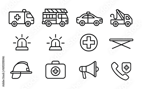 Emergency Vehicle Icons. Outline icon set of emergency cars: ambulance, fire truck, police car, tow truck,