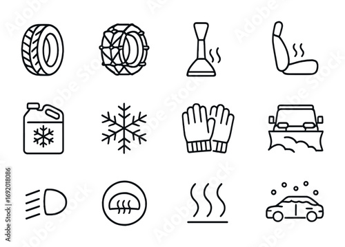 Winter Driving Icons. Outline icon set of winter driving: snow tire, snow chains, ice scraper, heated seat,
