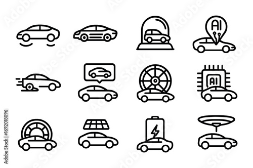 Futuristic Car Icons. Outline icon set of futuristic cars: hover car, neon lights, glass dome, AI navigation,
