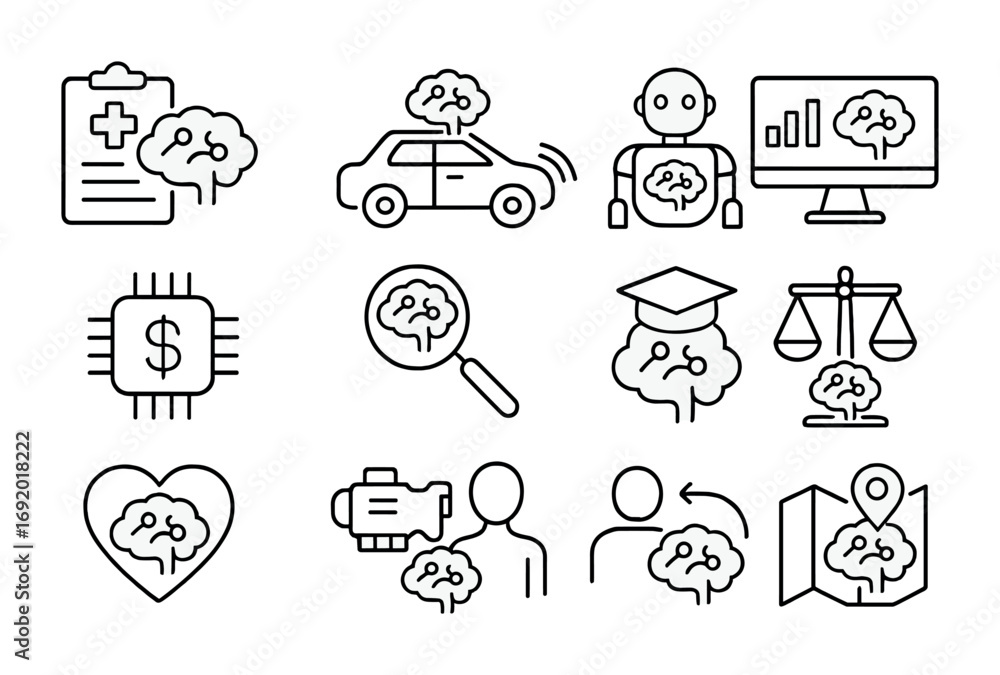 Fototapeta premium Neuro-Symbolic Icon Set. Outline icon set of neuro-symbolic applications: smart healthcare, autonomous cars,