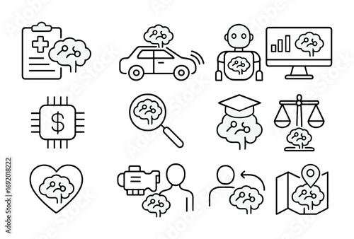 Neuro-Symbolic Icon Set. Outline icon set of neuro-symbolic applications: smart healthcare, autonomous cars,