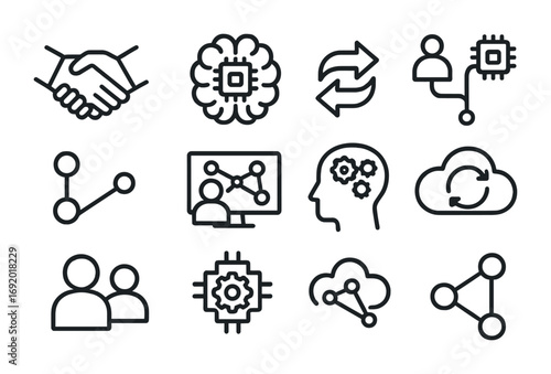 AI-Human Synergy Icons. Outline icon set of AI-human synergy: handshake icons, brain chips, symbolic arrows,