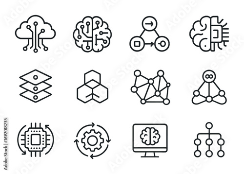 Abstract AI Icon Grid. Outline icon set of abstract AI concepts: brain clouds, neural circuits, logic arrows,