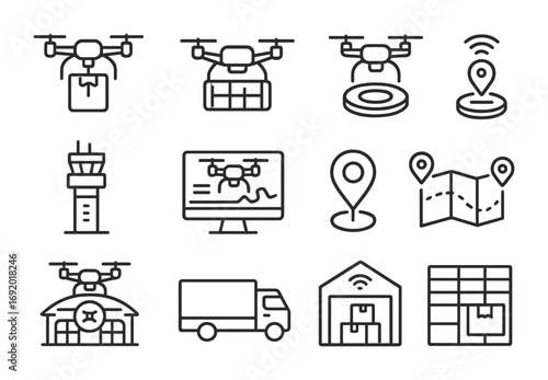 Drone Economy Icons. Outline icon set of drone economy: delivery drones, cargo pods, drone ports, charging