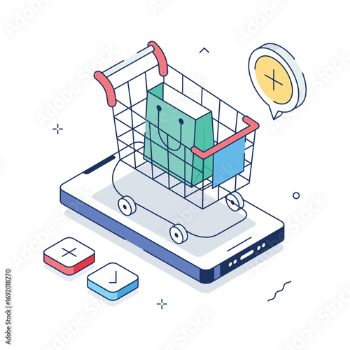 Shopping cart on smartphone, concept isometric illustration of add to cart