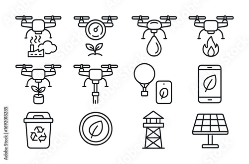 Environmental Drone Icons. Outline icon set of environmental drones: pollution sensors, air analyzers, water