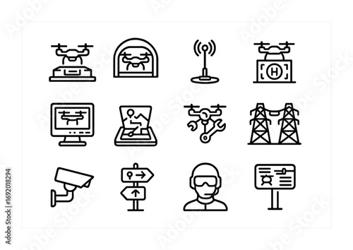 Urban Drone Infrastructure Icons. Outline icon set of urban drone hubs: charging docks, drone hangars, GPS