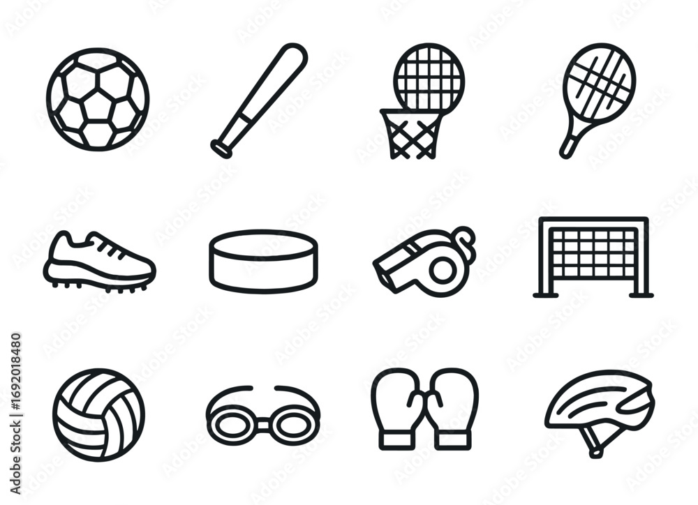 © Руслан Мельніков - Sports Anime Icons Grid. Outline icon set of sports anime: soccer ball, baseball bat, basketball hoop, tennis