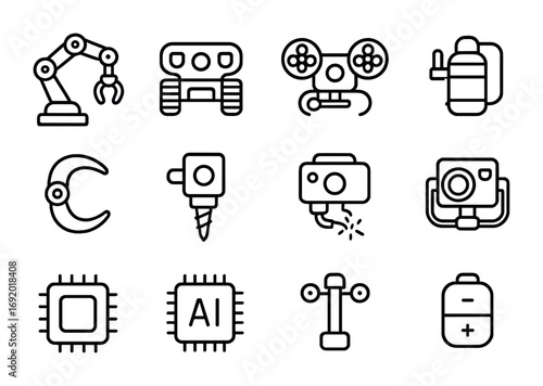 Deep-Sea Robotics Icons. Outline icon set of deep-sea robotics: robotic arms, crawler drones, propeller bots,
