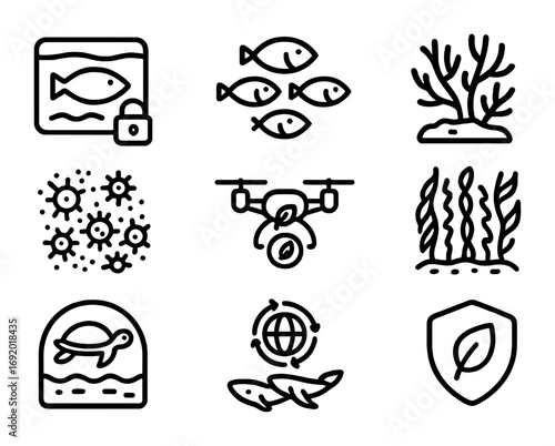 Deep Ecology Icons. Outline icon set of deep ecology: marine reserves, fish schools, coral reefs, plankton
