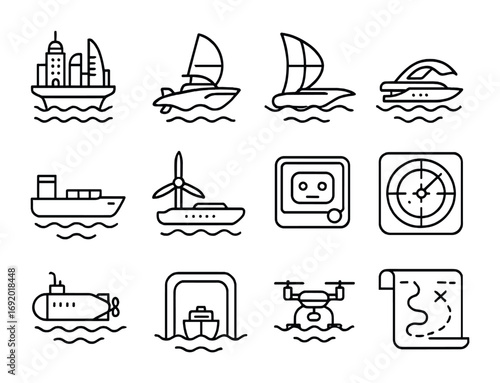 Future Maritime Icons. Outline icon set of future seafaring: floating cities, hybrid ships, solar sails, wave