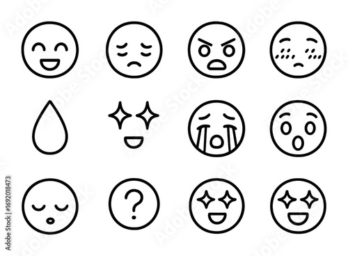 Anime Emotion Icons. Outline icon set of anime emotions: happy face, sad face, angry face, blushing cheeks,