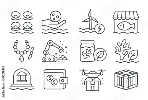 Underwater Economy Icons. Outline icon set of underwater economy: pearl farms, nodule trade, energy credits,